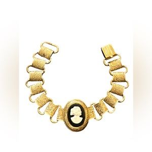 Vintage CORO etched bookchain celluloid cameo gold finish bracelet “antiqued”